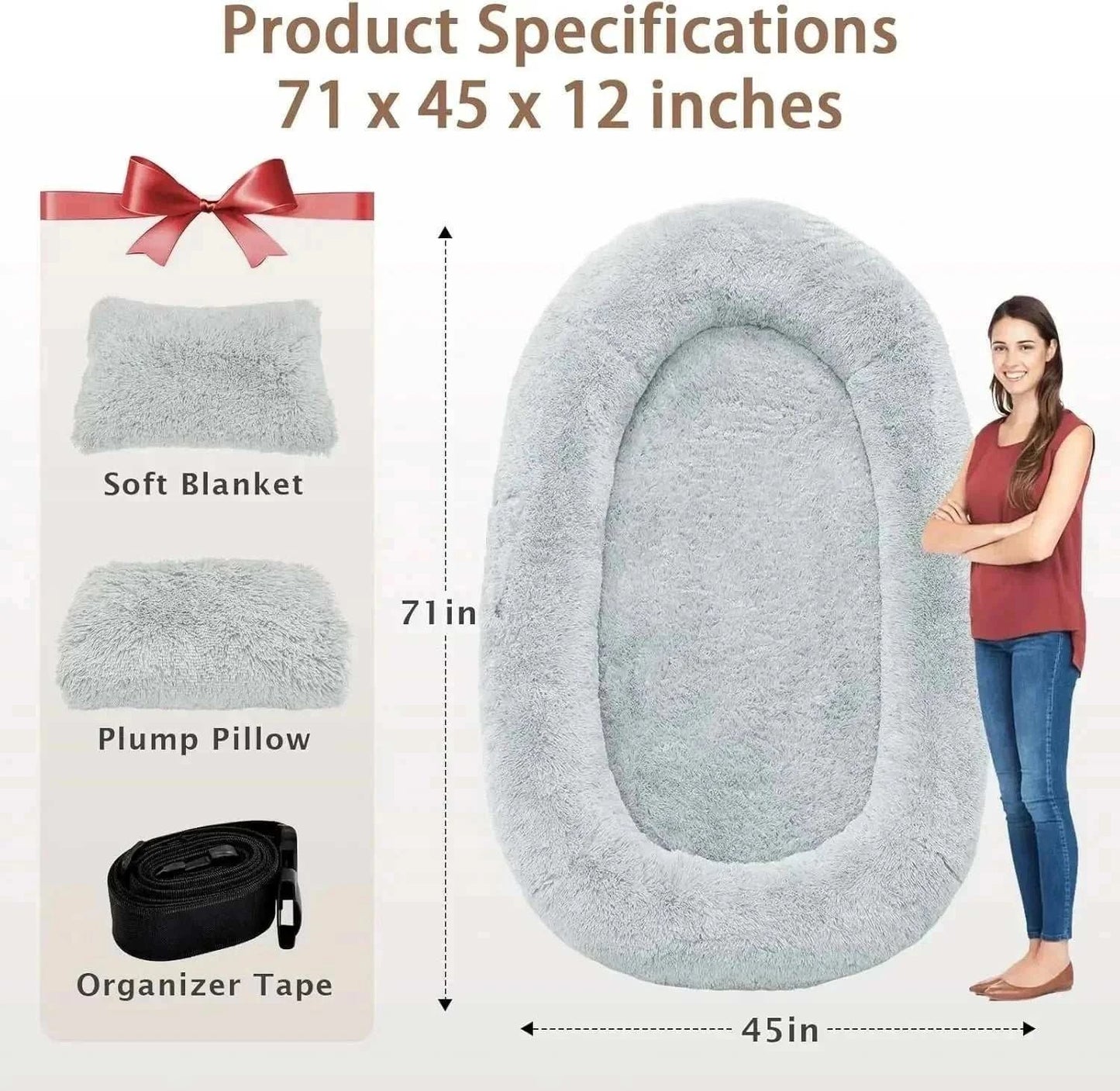 Giant oversized memory foam human and dog bed with washable waterproof cover and raised edges for comfort and support