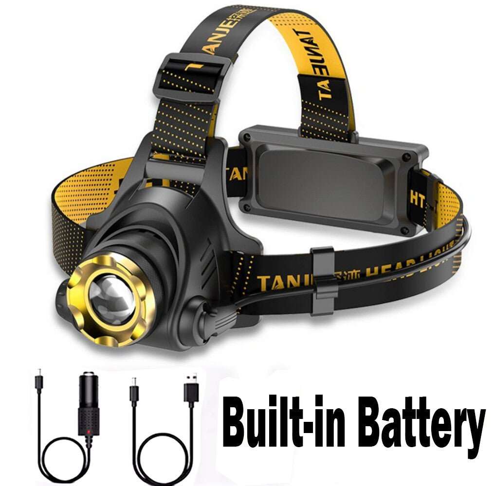 Zoomable LED headlamp with USB rechargeable battery and adjustable strap for camping and hiking
