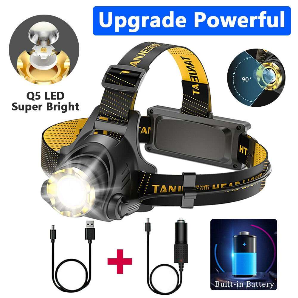 Zoomable LED headlamp with USB rechargeable battery and adjustable headband for camping and hiking