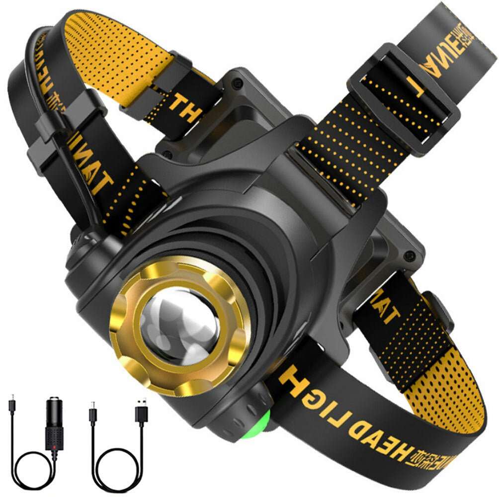 Zoomable LED headlamp with USB recharge, adjustable headband, and 3 lighting modes for camping and hiking